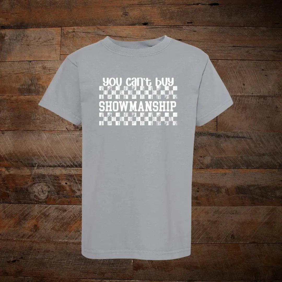 Light gray graphic t-shirt with 'You can't buy showmanship' text and checkered pattern