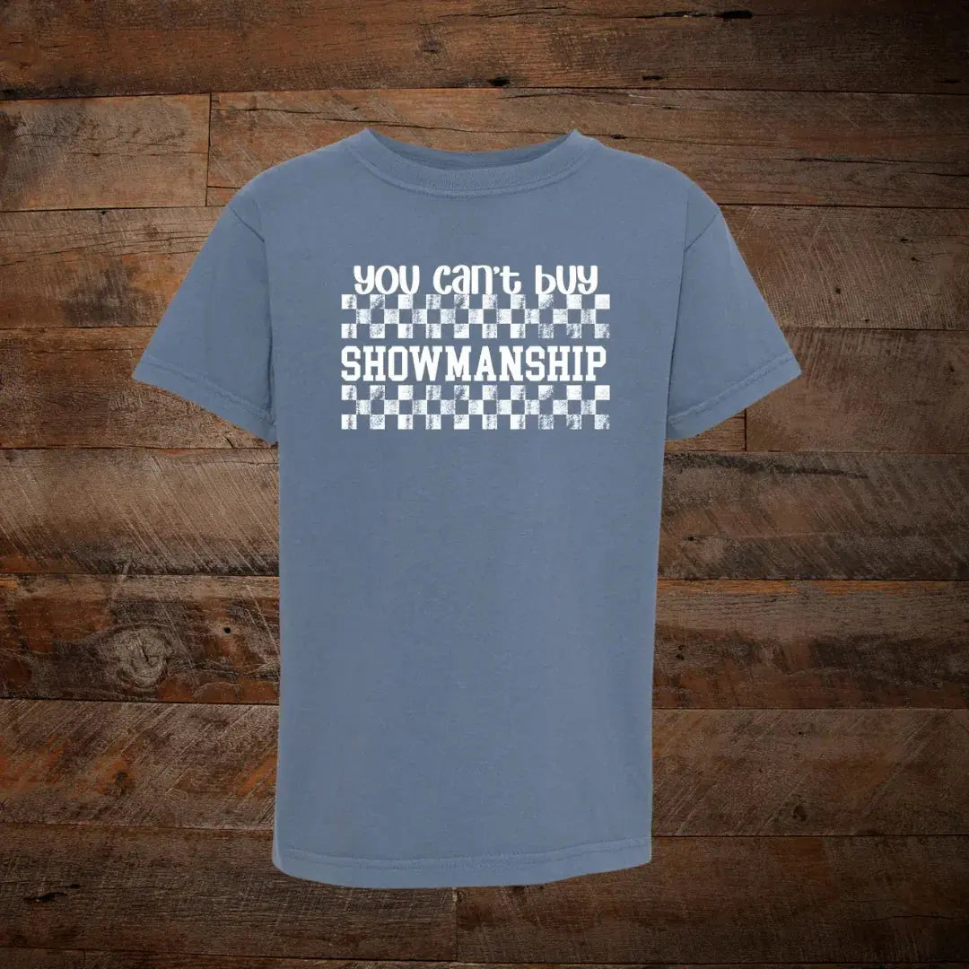 Blue unisex t-shirt with 'You Can't Buy Showmanship' text and checkered graphic