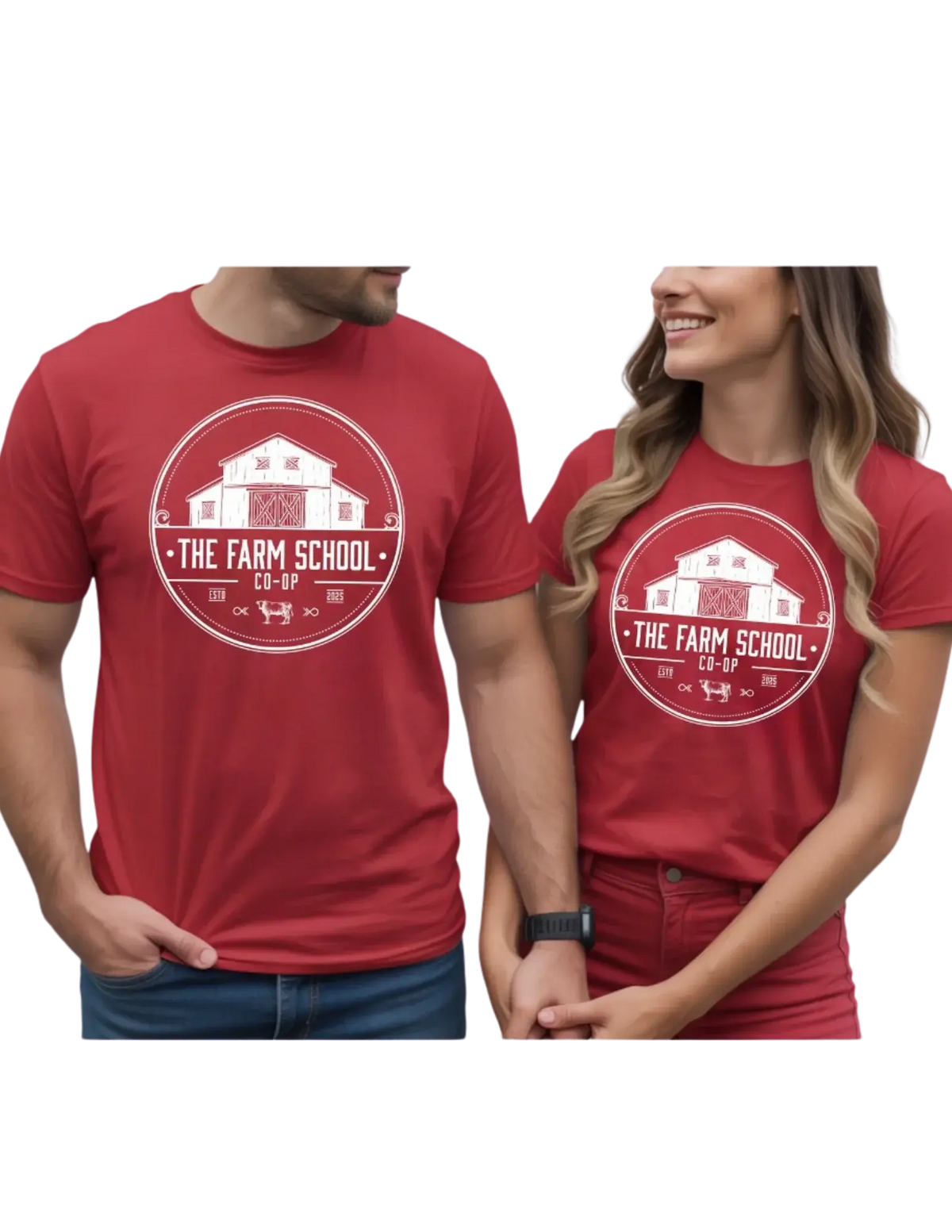 Man and woman wearing matching red graphic t-shirts with The Farm School Co-Op barn logo.
