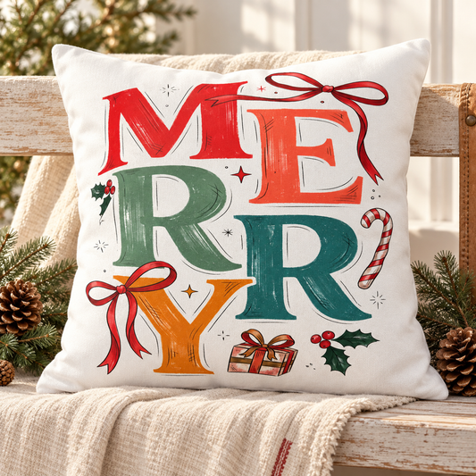 Vintage Merry Throw Pillow saltwaterandsaddles