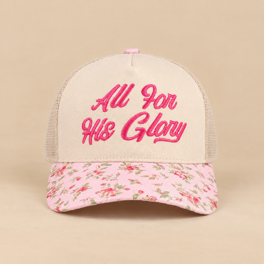 All For His Glory floral snapback hat with pink embroidery on warm beige background