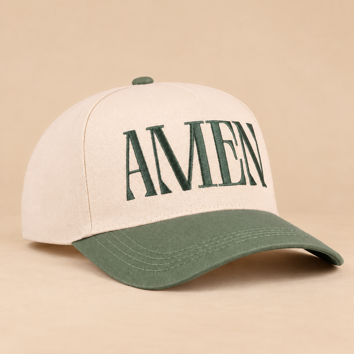 Amen Dark Forest cotton hat on warm beige background