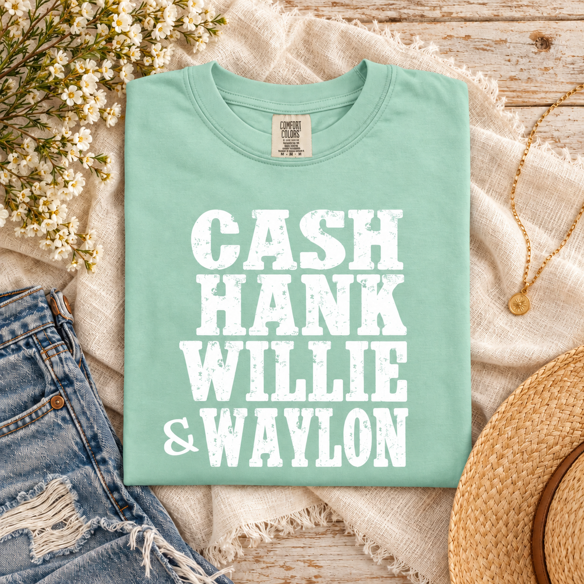 Cash Hank Willie and Waylon Chalky Mint tee styled on cream linen