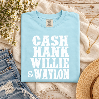 Cash Hank Willie and Waylon Chambray tee styled on cream linen
