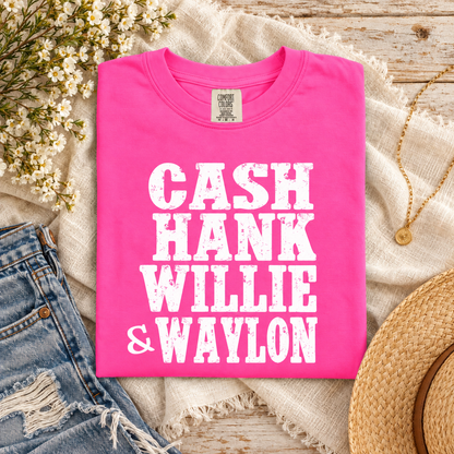 Cash Hank Willie and Waylon Neon Pink tee styled on cream linen