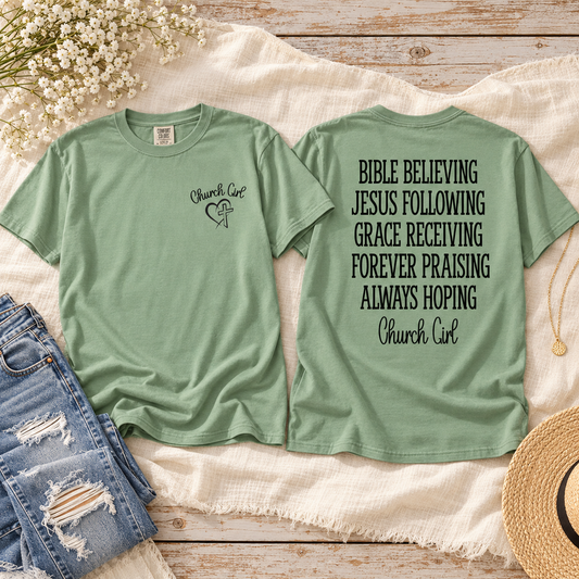 Church Girl Bay tee front and back styled on cream linen