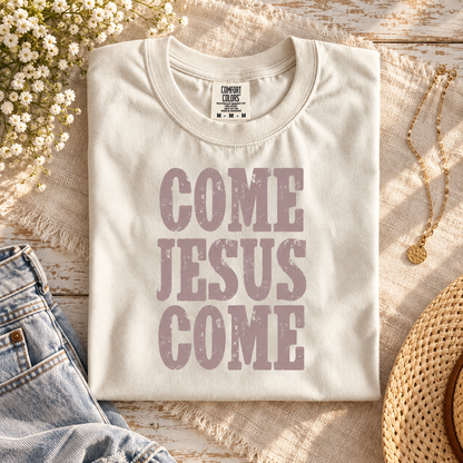 Come Jesus Come ivory tee with dusty mauve lettering on cream linen