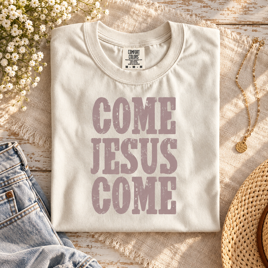 Come Jesus Come ivory tee with dusty mauve lettering on cream linen