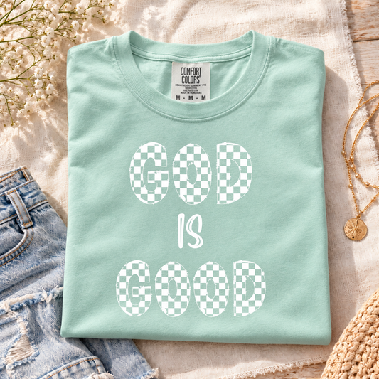 God Is Good Checkered tee in Chalky Mint styled flat lay