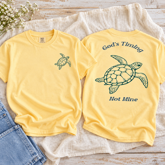 God's Timing Not Mine Butter tee front turtle and full back design on linen