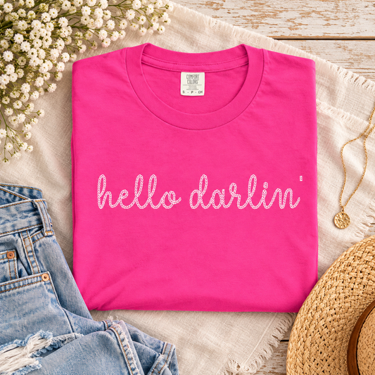 Hello Darlin Neon Pink tee on cream linen
