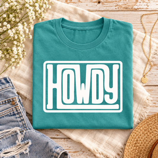 Howdy Seafoam tee styled on cream linen