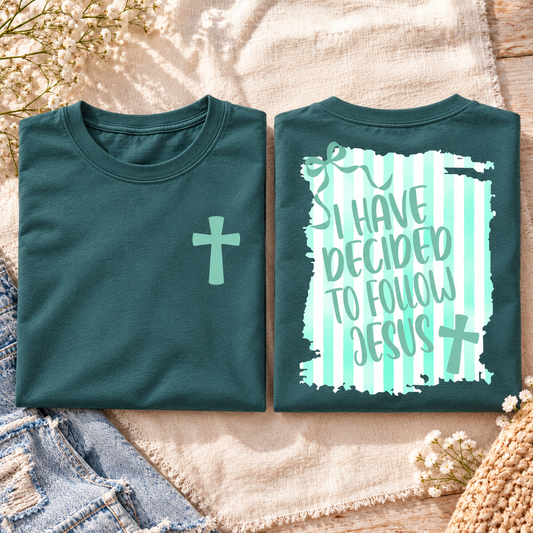 I Have Decided tee in Blue Spruce front and back flat lay