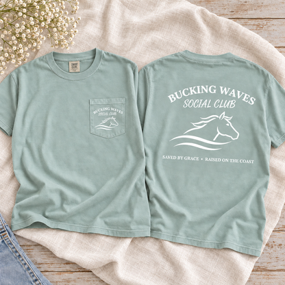 Bucking Waves Social Club Bay tee front pocket and back flatlay