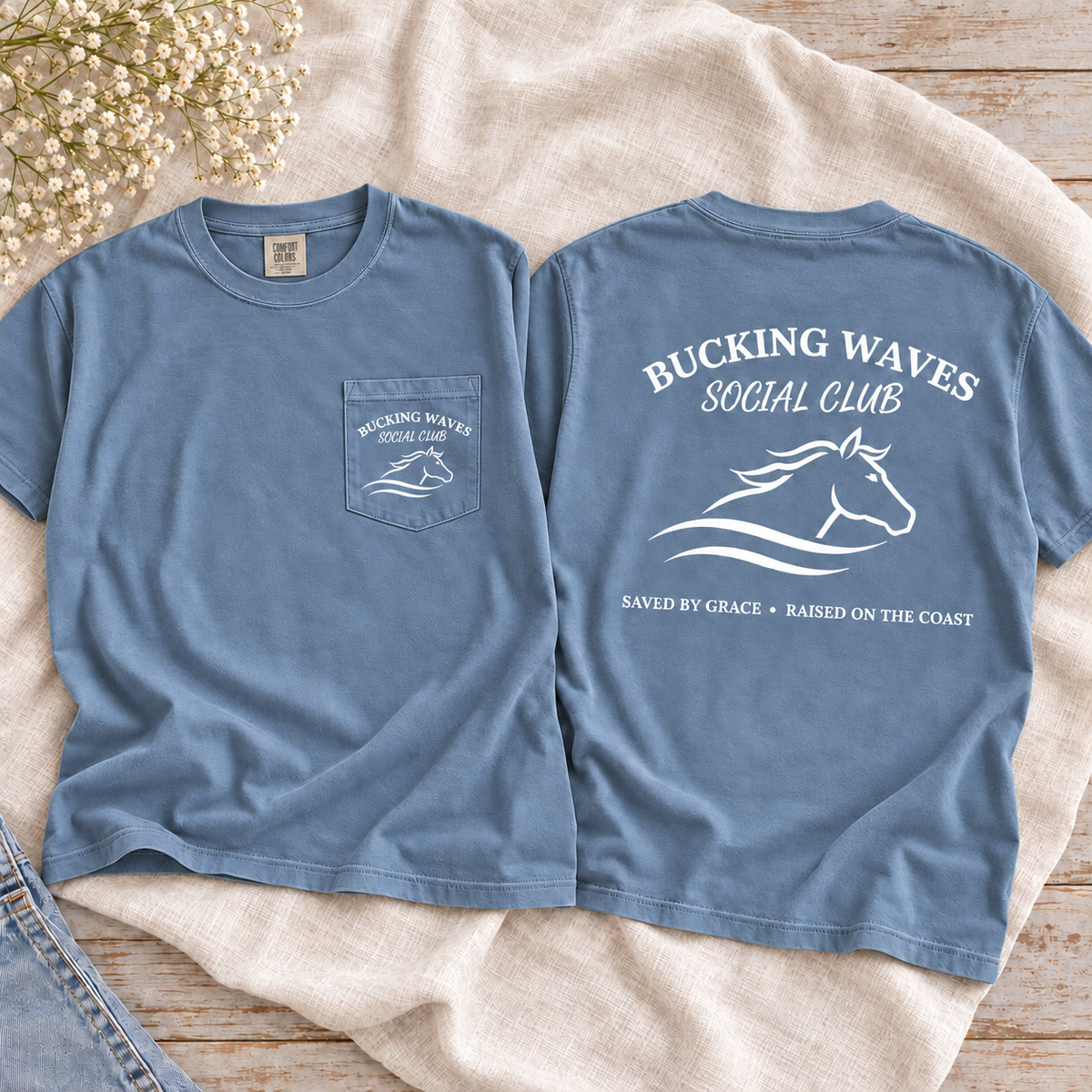 Bucking Waves Social Club Blue Jean tee front pocket and back flatlay