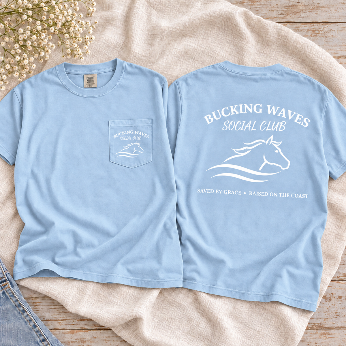 Bucking Waves Social Club Chambray tee front pocket and back flatlay