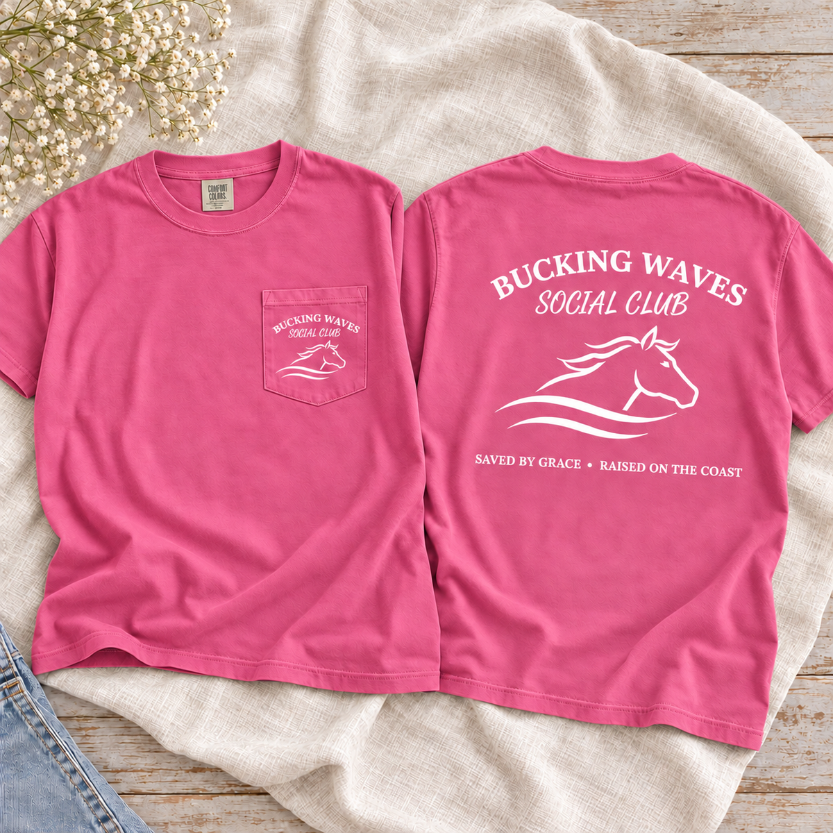Bucking Waves Social Club Crunchberry tee front pocket and back flatlay