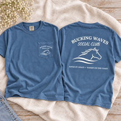 Bucking Waves Social Club Denim tee front pocket and back flatlay