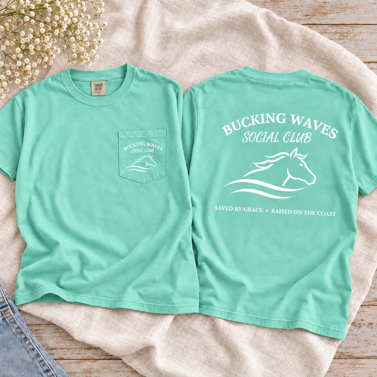 Bucking Waves Social Club Island Reef tee front pocket and back flatlay