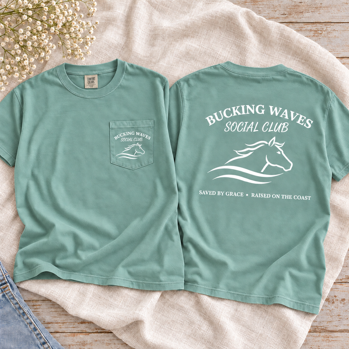 Bucking Waves Social Club Seafoam tee front pocket and back flatlay