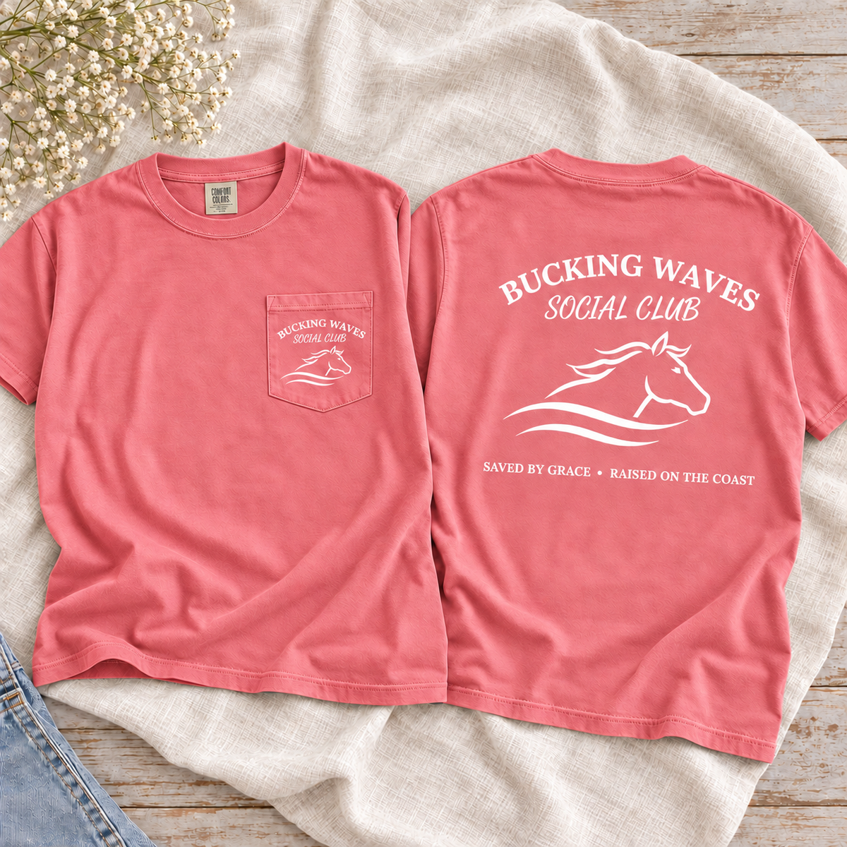 Bucking Waves Social Club Watermelon tee front pocket and back flatlay
