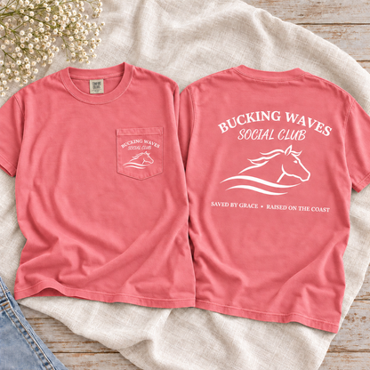Bucking Waves Social Club Watermelon tee front pocket and back flatlay