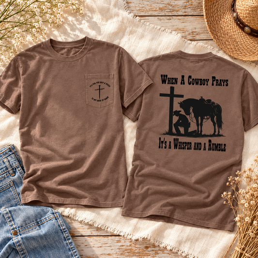 When a Cowboy Prays espresso shirt front and back flat lay