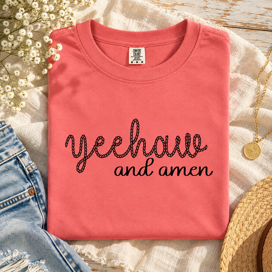 Yeehaw and Amen Watermelon tee styled on cream linen with denim and straw hat